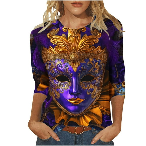YUGYXL Womens Plus Size 3/4 Sleeve Tshirts Trendy Mardi Gras Fancy Mask Printed Loose Clothes Lounge Crew Neck Soft Tunic Shirts Celebration Carnival Tees Sales