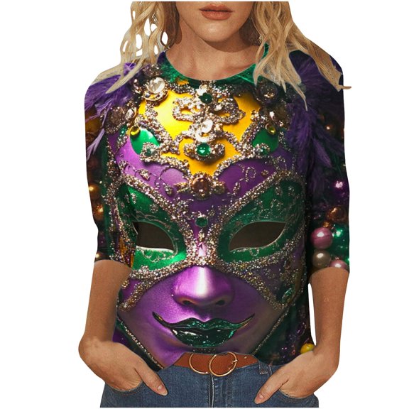 YUGYXL Womens Plus Size 3/4 Sleeve Tshirts Trendy Mardi Gras Fancy Mask Printed Loose Clothes Lounge Crew Neck Soft Tunic Shirts Celebration Carnival Tees Sales