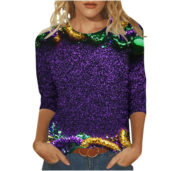 YUGYXL Womens Plus Size 3/4 Sleeve Tshirts Trendy Mardi Gras Fancy Mask Printed Loose Clothes Lounge Crew Neck Soft Tunic Shirts Celebration Carnival Tees Sales