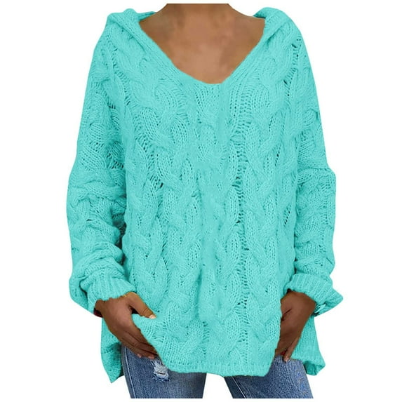 YUGYXL Womens Plus Size Cable Knit Sweater 2024 Fashion Long Sleeve Tunic Comfy Hooded Sweaters Oversized Solid Color Loose Fit Pullovers Warm Soft Chunky Knitwear