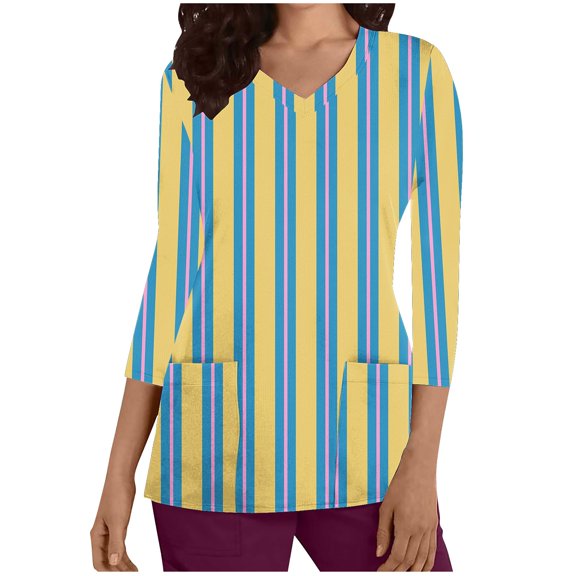 YUGYXL Womens Striped Tshirts 3/4 Length Sleeve Shirts Casual V Neck Soft Tunics Blouse Fashion Graphic Tees with Pockets Outdoor Tops