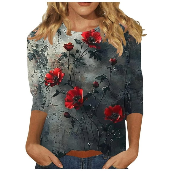 YUGYXL Womens Trendy 3/4 Sleeve Shirts Casual Crew Neck Comfy Tshirts Flower Graphic Tees Dressy Soft Tunics Tops Outdoor Blouse Sales
