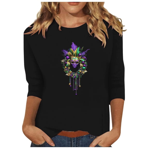YUGYXL Womens Trendy 3/4 Sleeve Tshirts Novelty Mardi Gras Comfy Printed Clothes Lounge Crew Neck Soft Tunic Tees Theme Carnival Party Basic Fit Tees Sales