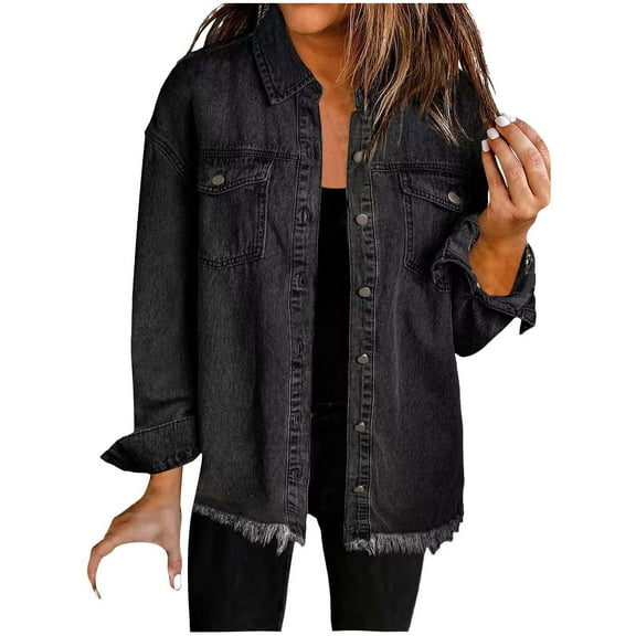 YUGYXL Denim Jackets for Women Button Down Long Sleeve Jean Coats Classic Vintage Retro Western Coat with Front Pocket Black L