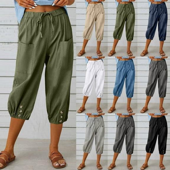 YUGYXL Drawstring Capri Pants for Women Trendy Stretch Linen Pants Casual Tapered Pants with Pockets Blue M
