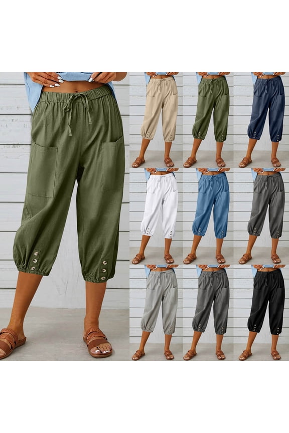Drawstring Capri Pants for Women Trendy Stretch Linen Pants Casual Tapered Pants with Pockets Khaki L