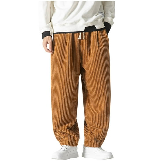 YUGYXL Drawstring Corduroy Pants for Men Plus Size Loose Tapered Pants Elastic Waist Breathable Comfy Lounge Pants Yellow M