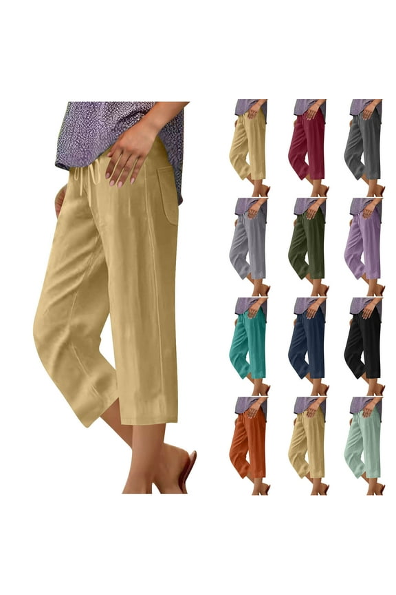 Drawstring Cotton Linen Pants for Women Lounge Straight Capris with Pockets Stretch Waist Capri Pants Army Green XXXL