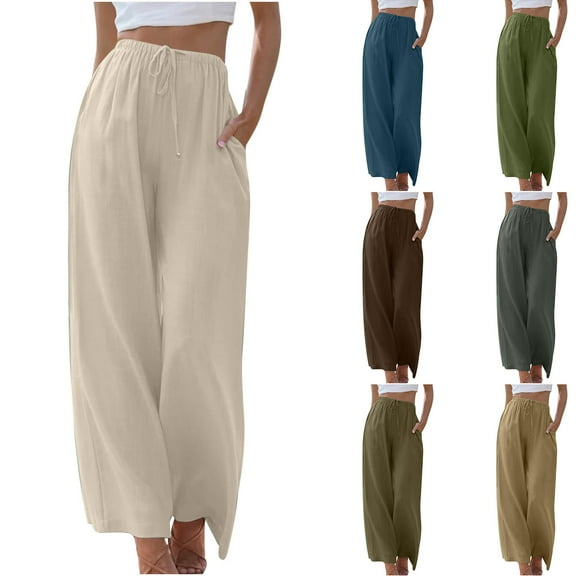 YUGYXL Drawstring Elastic Waist Pants for Women Summer Baggy Wide Leg Pants Holiday Long Pants with Pockets Beige L