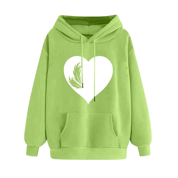 YUGYXL Drawstring Hooded Pullover for Women Fashion Heart Print Long Sleeve Sweatshirts Cute Comfy Hoodies Outfits Green XXL