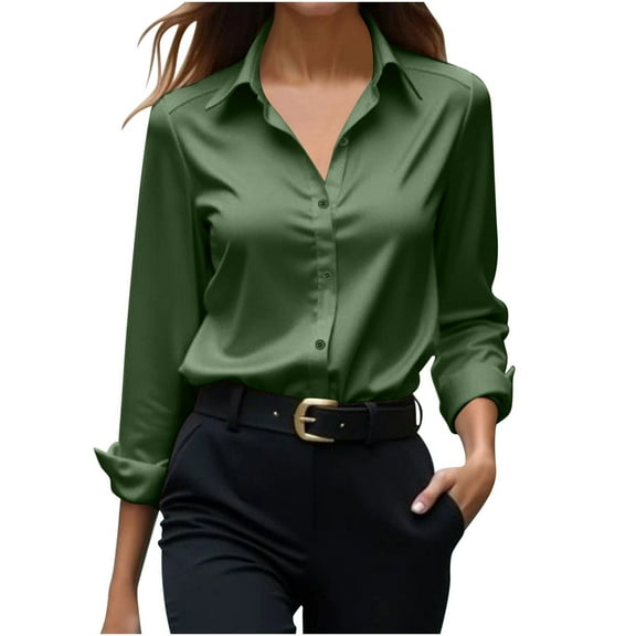 YUGYXL Dress Shirts for Women Lapel Silk Long Sleeve Blouse Professional Button Down Top Fall Spring Dressy Green XXL