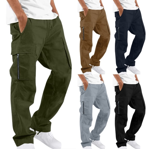 YUGYXL Elastic Waist Sweatpants for Men Drawstring Cargo Pants with Multiple Pockets Straight Wide Leg Pants Hiking Pants Army Green L