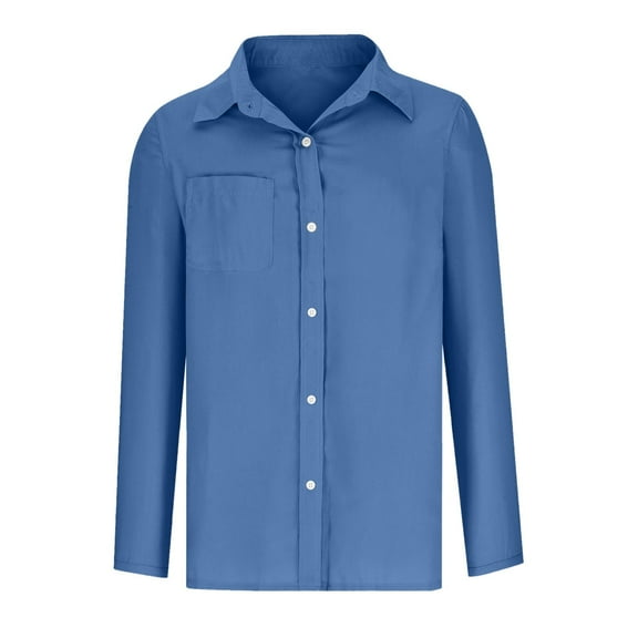 YUGYXL Fall Button Down Shirts for Women Linen V Neck Long Sleeve Tops Business Work Basic Blouses with Pockets Blue XL