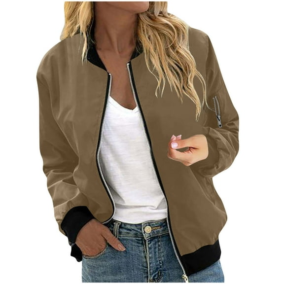 YUGYXL Fall Jackets for Women Trendy Zip Up Bomber Jacket Lightweight Outwear Coat Spring Windbreaker Outfits Khaki XXL