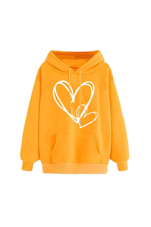 Fall Long Sleeve Sweatshirt for Women Comfy Thin Fleece Heart Print Hoodies Pullover Loose Fit Long Sleeve Drawstring Hooded Sweatshirts with Kangaroo Pocket Yellow,XXXL