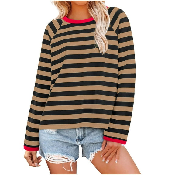 YUGYXL Fall Long Sleeve Sweatshirts for Women Trendy Striped Outfit Tops Crew Neck Lightweight Pullover Brown L
