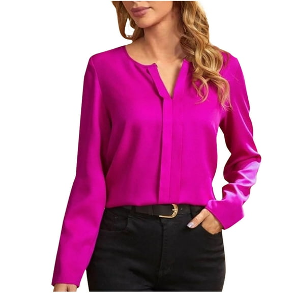 YUGYXL Fall Satin Blouse for Women Long Sleeve Business Shirts Elegant Silky Work Dressy Tops Casual V-Neck Basic Tees Hot Pink XL