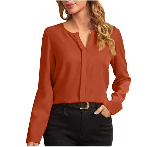 YUGYXL Fall Satin Blouse for Women Long Sleeve Business Shirts Elegant Silky Work Dressy Tops Casual V-Neck Basic Tees Orange L