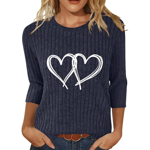 YUGYXL Fall Sweaters for Women Ribbed Knit Fashion Heart Print 3/4 Sleeve Casual Winter Clothes Pullover Tops Navy L