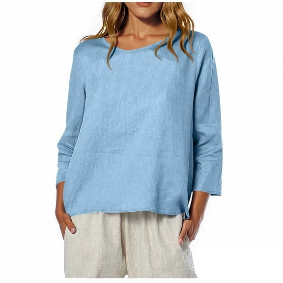 YUGYXL Fall T Shirts Women Loose Fit Linen Long Sleeve Boat Neck Tops Dressy Casual Blouses Floral Print Tops Sky Blue M