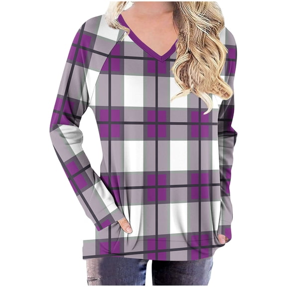 YUGYXL Fall Tops for Women Casual Raglan Long Sleeve V Neck Shirts Fashion Oversized Gradient Plaid Print Blouse with Pockets Purple XXXL