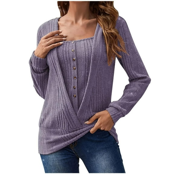 YUGYXL Fall Tops for Women Trendy Ribbed Knit Long Sleeve Shirts Dressy Casual Button Down Decor Wrap Tops Purple L
