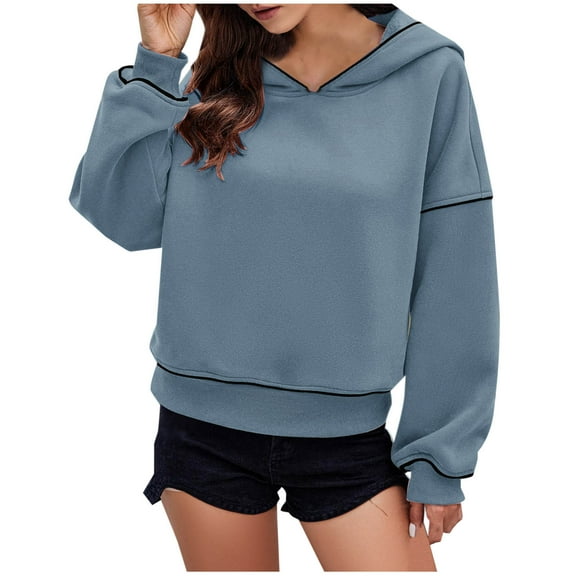 YUGYXL Fall Winter Cropped Hoodies for Women Casual Long Sleeve Drop Shoulders Hooded Pullover Loose Relaxed Sweatshirt Blue XXL