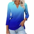 thumbnail image 1 of YUGYXL Fashion Collared Shirts for Women 3/4 Sleeve Tshirts Gradient Color Blouses V Neck Tops Dressy Tunics Lightweight Tees Clearance Blue XXL, 1 of 5