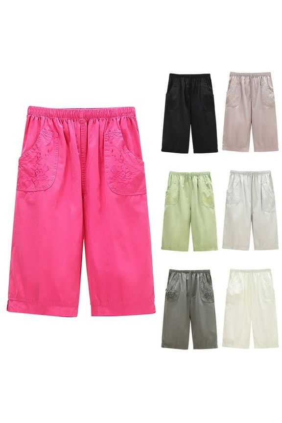 Fashion Cotton Shorts for Women Loose Plus Size Bermuda Pants with Pockets Elastic Waist Lightweight Knee Length Pants Beige XXXL