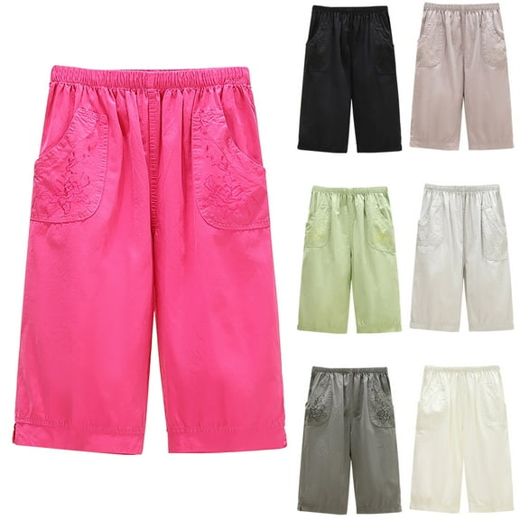YUGYXL Fashion Cotton Shorts for Women Loose Plus Size Bermuda Pants with Pockets Elastic Waist Lightweight Knee Length Pants Khaki XXXL