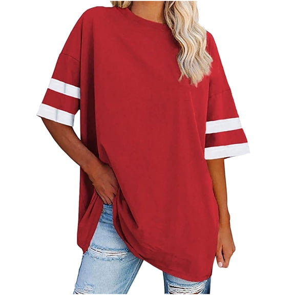 YUGYXL Fashion Half Stripe Sleeve Tees for Women Casual Round Neck Hide Belly T-Shirt Solid Loose Fit Basic Tops Summer Outdoor Streetwear Pullover Tops