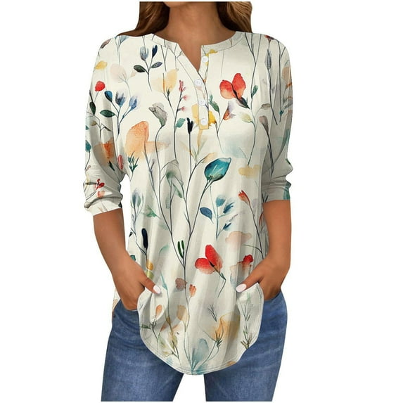 YUGYXL Fashion Henley Tshirts for Women Three Quarter Sleeve Print Blouses Lounge Tops Ladies Tunics Comfy Tees Khaki S