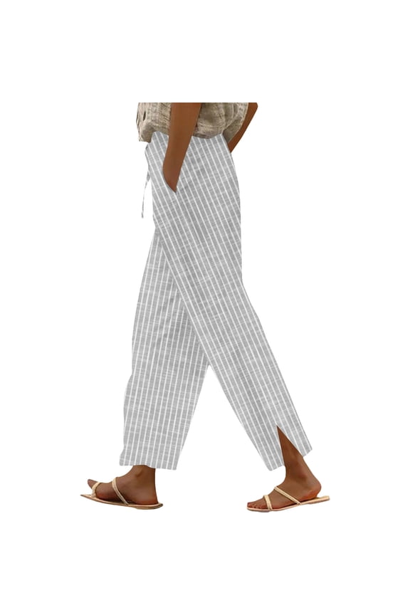 Fashion Striped Pants for Women Cotton Linen Breathable Trousers Split Bottom Drawstring Lounge Pants Gray XXL