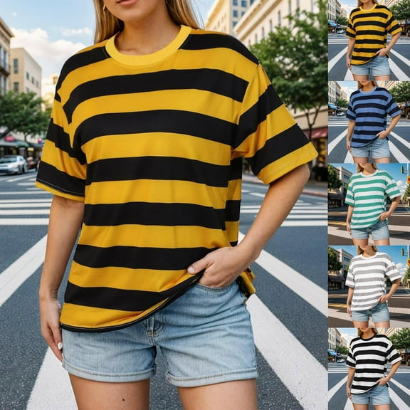YUGYXL Fashion Striped Shirts for Women Short Sleeve Blouses Crew Neck Summer Tops Going Out Loose Tshirts Yellow S
