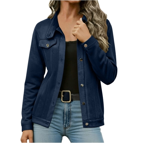YUGYXL Faux Suede Jacket Women Brown Suede Jacket Faux Leather Jackets Button Down Long Sleeve Cardigan Vintage Navy Jackets S
