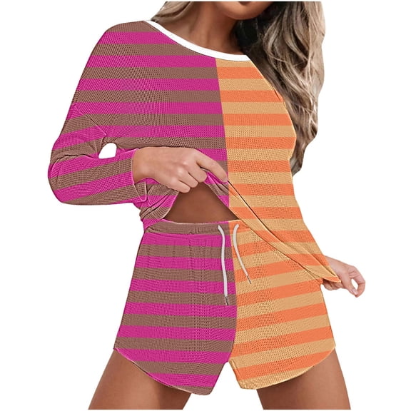 YUGYXL Festival Outfits for Women Womens 2 Piece Lounge Set Oversized Long Sleeve Sweater Top and Shorts Trendy Casual Waffle Knit Outfits Orange S