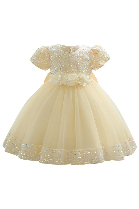 Flower Girl Dress Baby Girl Tulle Puff Short Sleeve Lace Dress Toddler Soft Sequin Ruffles Princess Dress Waist Bow-Knot Dance Party Dresses Today Size 0 Months