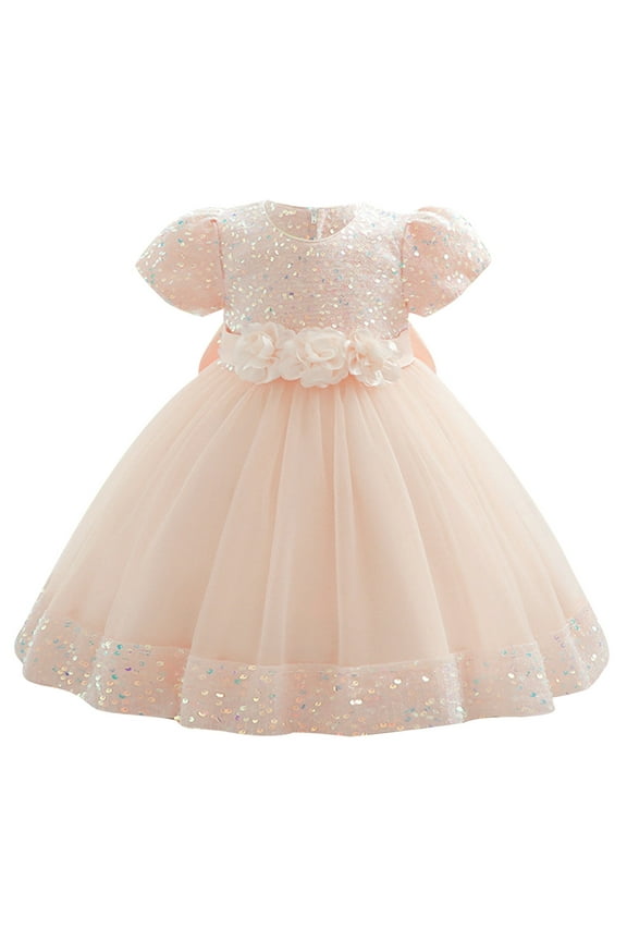 Flower Girl Dress Baby Girl Tulle Puff Short Sleeve Lace Dress Toddler Soft Sequin Ruffles Princess Dress Waist Bow-Knot Dance Party Dresses November Gift for Toddler Size 1 Years
