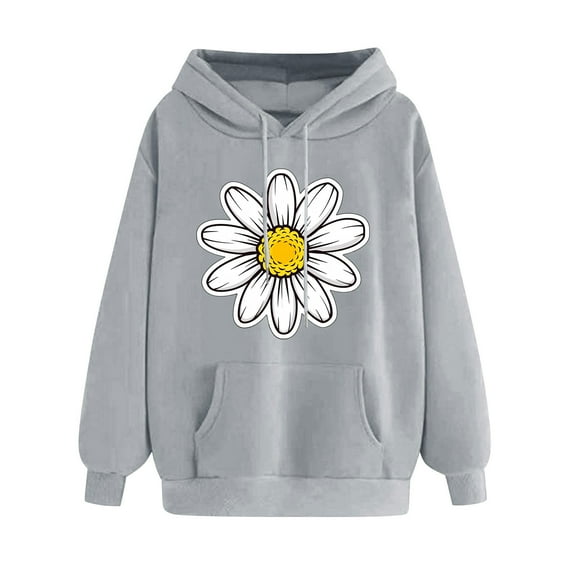 YUGYXL Flower Graphic Hoodies for Women Fall Drawstring Loose Sweatshirts Winter Drop Shoulders Long Sleeve Hoodie Gray S