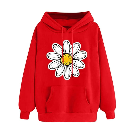 YUGYXL Flower Graphic Hoodies for Women Fall Drawstring Loose Sweatshirts Winter Drop Shoulders Long Sleeve Hoodie Red XL