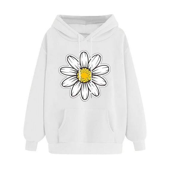 YUGYXL Flower Graphic Hoodies for Women Fall Drawstring Loose Sweatshirts Winter Drop Shoulders Long Sleeve Hoodie White L