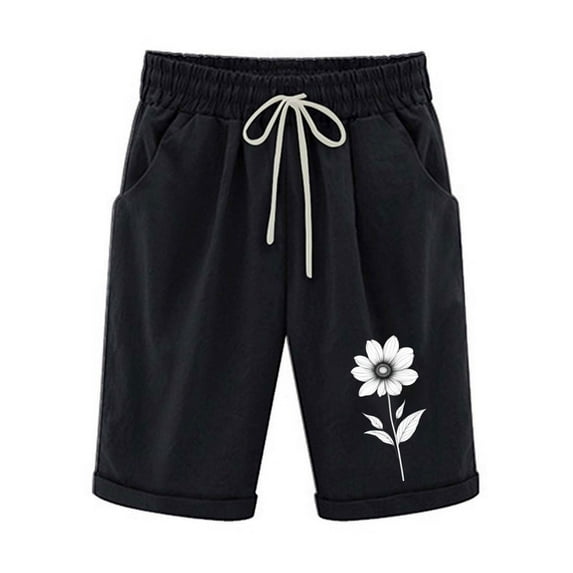 YUGYXL Flower Print Shorts for Women Trendy Drawstring Comfy Bermuda Pants Lightweight Knee Length Pants with Pockets Black S