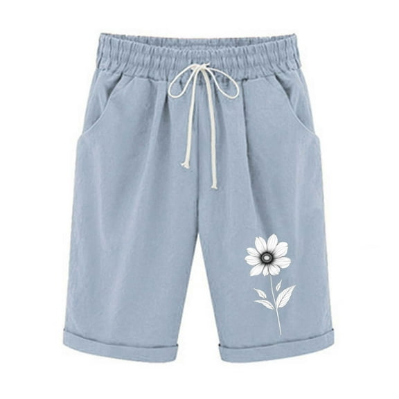 YUGYXL Flower Print Shorts for Women Trendy Drawstring Comfy Bermuda Pants Lightweight Knee Length Pants with Pockets Light Blue M