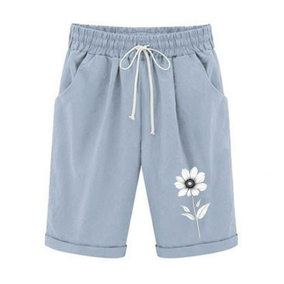 YUGYXL Flower Print Shorts for Women Trendy Drawstring Comfy Bermuda Pants Lightweight Knee Length Pants with Pockets Light Blue M