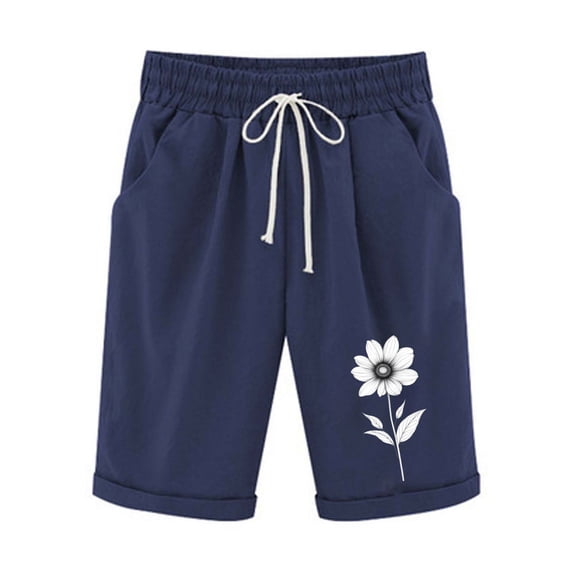 YUGYXL Flower Print Shorts for Women Trendy Drawstring Comfy Bermuda Pants Lightweight Knee Length Pants with Pockets Navy L