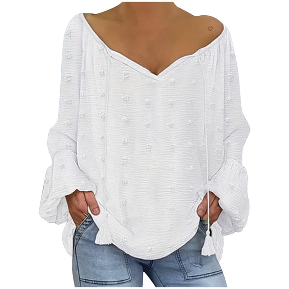 YUGYXL Flowy Batwing Linen Shirts for Women Fall Tops Loose Lantern Sleeve Laceup V Neck Dressy Casual Tunic Blouse White L