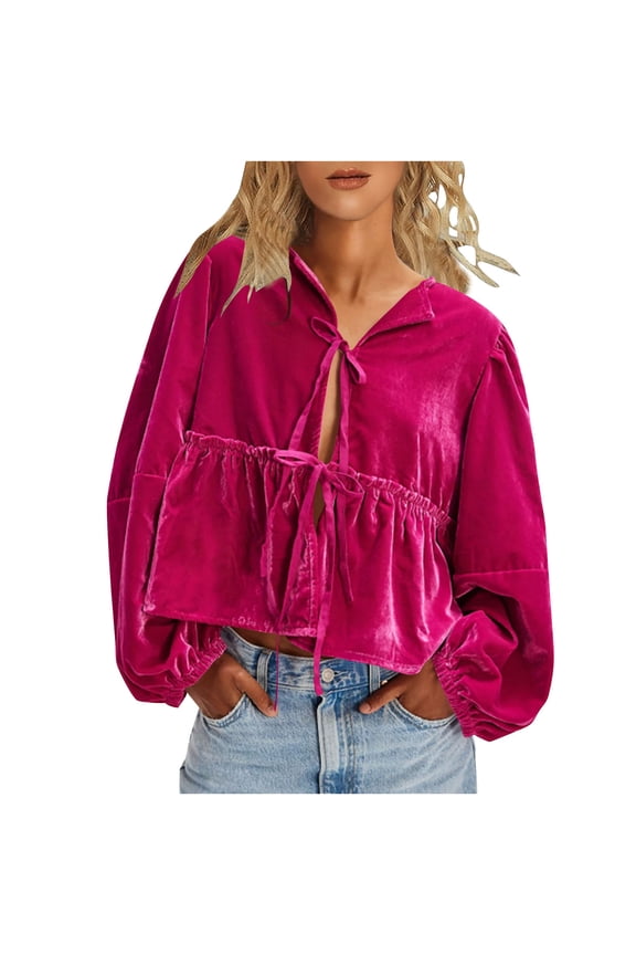 Flowy Puff Sleeve Velvet Tops for Women Cute V Neck Bow Tie Front Tunic Fall Loose Long Sleeve Babydoll Blouse Hot Pink XXXL