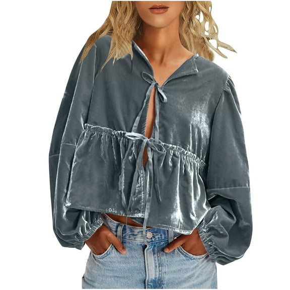 YUGYXL Flowy Puff Sleeve Velvet Tops for Women Cute V Neck Bow Tie Front Tunic Fall Loose Long Sleeve Babydoll Blouse Silver XXXL
