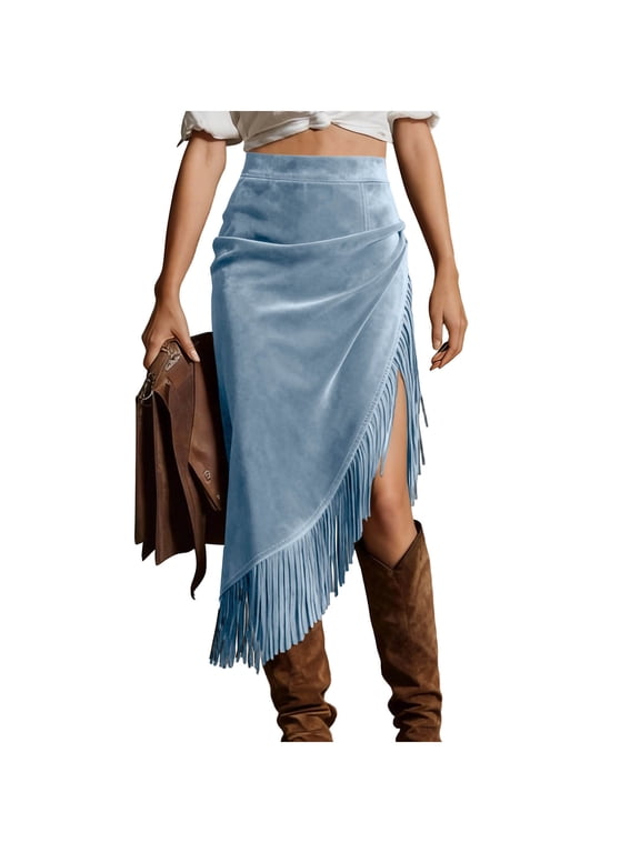 Fringe Skirts for Women High Waisted Asymmetrical Slit Suede Midi Skirt Western Tassel Dress Cowgirl Outfits Light Blue XL