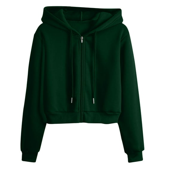 YUGYXL Full Zip Petite Sweatshirt for Women Trendy Solid Color Cropped Hoodies Comfy Long Sleeve Drawstring Hooded Pullover Casual Fall Streetwear Sweatshirts Today's Army Green,XS